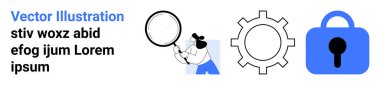 Büyüteç, vites simgesi ve kilit sembolüyle inceleme yapan kişi. Güvenlik, teknoloji, analiz, araştırma, soruşturma, koruma ve gizlilik temaları için ideal. İniş sayfası için pankart