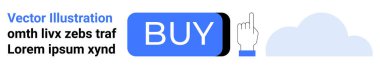 Dikdörtgen mavi BUY tuşu, beyaz el işaretçisi ve mavi bulut stilize elementler çevrimiçi alışverişe görsel ipuçları getirir. E-ticaret, dijital pazarlama, UIUX tasarımı, web sitesi düğmeleri için ideal