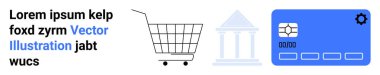 E-ticareti sembolize eden alışveriş arabası, bankayı temsil eden klasik bina, dijital ödeme için ayarlı kredi kartı. E-ticaret için ideal, çevrimiçi alışveriş, bankacılık hizmetleri, finans