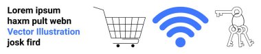 Alışveriş arabası, kablosuz sembol ve arka planda anahtarlı anahtarlık. E-ticaret, teknoloji, internet hizmetleri, siber güvenlik ve perakende için ideal. İniş sayfası için pankart