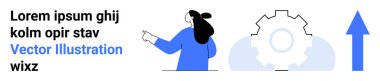 Bir vites simgesini ve yukarı doğru giden bir oku işaret eden kişi. İş stratejisi, büyüme, ilerleme, yenilik, takım çalışması, sunumlar ve web siteleri için ideal. İniş afişi