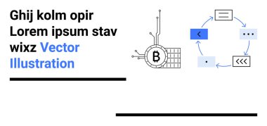 Devrelere bağlı Bitcoin sembolü, bir döngü oluşturan programlama elementlerinin akışı. Teknoloji girişimleri, kripto para birimi eğitimi, engelleme zinciri sunumları, fintech blogları, kodlama dersleri için ideal