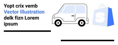 Beyaz arka planda alışveriş çantasının yanında metin elemanları olan küçük bir araba. Çevrimiçi alışveriş, dağıtım hizmetleri, e-ticaret, dijital pazarlama, perakende sektörü için ideal. İniş sayfası