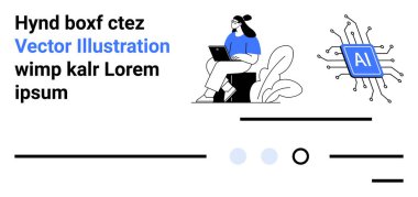 Dizüstü bilgisayarı, yapay zeka mikroçipi, soyut çizgileri ve şekilleri olan profesyonel bir kadın. Yapay zeka, teknoloji, iş, iş, profesyonel, iniş sayfası, modern estetik için ideal temalar. İniş sayfası