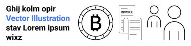 Dairesel çizgilerle çevrili Bitcoin sembolü, INVOICE olarak işaretlenmiş iki fatura ve iki kullanıcı simgesi. Finans, kripto para birimi, engelleme zinciri, muhasebe, fatura, kullanıcı yönetimi, modern web tasarımı için ideal