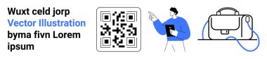 Mavi noktalı ve basit bir torba vektörüne bitişik tablet tutan bir kullanıcı ile QR kodu. Teknoloji sunumları, pazarlama, e-ticaret, eğitim, uygulama UI, dijital güvenlik için ideal