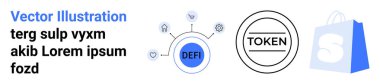 Çeşitli simgelerle bağlanmış yerel finansman. Yanında, bir jeton ve bir alışveriş çantasının temsili. Engelleme zinciri, kripto para birimi, e-ticaret, fintech ve dijital