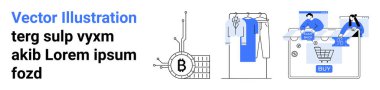 Modern kripto para sembolü. Giysi mağazası ve online alışveriş arabasının yanında devre çizgileri var. Fintech, e-ticaret, dijital pazarlama, teknoloji blogları, çevrimiçi perakende satış, kripto para birimi için ideal