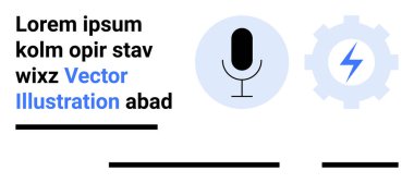 Mikrofonlu vektör görüntüsü ve yıldırımlı teçhizat. Podcastler, ses kayıtları, teknik sunumlar, ses mühendisliği, otomasyon, konferanslar ve web grafikleri için ideal. İniş sayfası