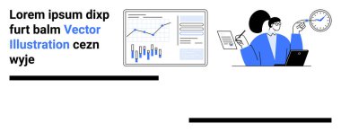 Diyagramda veri tablolarını inceleyen kadın, elinde kağıt ve kalem, dizüstü bilgisayar, saat ve grafikler tutuyor. İş, analitik, sunum, veri analizi, raporlama, zaman yönetimi, mesleki çalışma için ideal