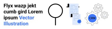 Büyüteç incelemesi belgeleri ve CRM donanımı veri analizi, araştırma ve CRM 'i sembolize ediyor. İş, teknoloji, pazarlama, veri yönetimi, araştırma, iş akışı illüstrasyonu için idealdir. İniş