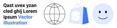 Bir küre, mavi bir alışveriş çantası ve gülümseyen bir yüz. E-ticaret, küresel alışveriş, müşteri memnuniyeti, çevrimiçi perakende, pazarlama için ideal. İniş sayfası