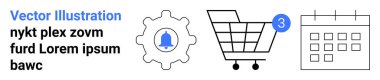 Zili olan bir vites, tebligat kartı olan bir alışveriş arabası ve takvim. E-ticaret, bildirimler, ayarlar, üretkenlik araçları, kullanıcı arayüzü, programlama, planlama için ideal. İniş sayfası