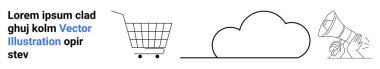 Basit alışveriş arabası, bulut ve megafon hattı çizimleri. Yanında da yer tutucu metin. E-ticaret, bulut hesaplama, pazarlama, satış, reklam, iletişim ve web tasarım kavramları için ideal