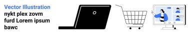Tarayıcı için dizüstü bilgisayar, çevrimiçi alımları sembolize eden alışveriş arabası ve katılımcılarla yapılan sanal toplantıyı gösteren ekranı izlemek. E-ticaret için ideal, sanal olaylar, online alışveriş, dijital