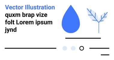 Mavi su damlası, dallı yaprak, metin elemanları, yatay çizgiler, daireler. Minimalist tasarım için ideal, çevre dostu temalar, doğa koruma, temiz tasarım, web düzeni, basit