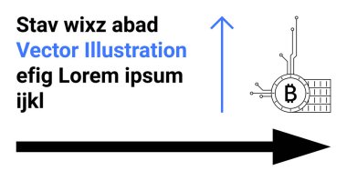 Çizgileri olan blok zinciri sembolü, mavi vektör illüstrasyonlu siyah metin, yukarı bakan dikey mavi ok, yatay siyah ok, rastgele kelimeler. Finans, kripto para birimi ve engel zinciri eğitimi için ideal