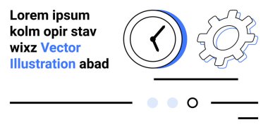 Saat simgesi, vites sembolü, soyut çizgiler ve temiz minimalist bir tasarımda yer tutucu metin elemanları. Teknoloji, üretkenlik, süreç optimizasyonu, mekanik temalar, modern web tasarımı için ideal