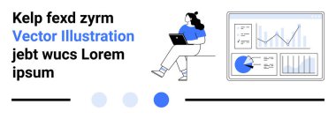 Oturan ve dizüstü bilgisayar kullanan bir kadın, çeşitli grafik ve grafikleri gösteren bir analitik gösterge paneliyle birlikte. İş sunumları, veri analizi, uzaktan çalışma, üretkenlik ve teknoloji için ideal