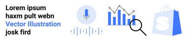 Mikrofon görüntüsü, büyüteçli bar çizelgesi ve alışveriş çantası. E-ticaret, veri analizi, ses araması, teknoloji ve piyasa araştırması için ideal. İniş sayfası