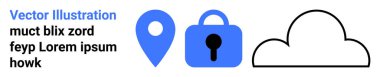Mavi lokasyon iğnesi, anahtar delikli mavi asma kilit ve veri güvenliğini ve bulut deposunu sembolize eden siyah çizgili bulut. Teknoloji, güvenlik, bulut hesaplama, veri koruması, yazılım ve uygulama için ideal