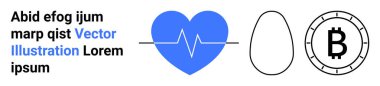 EKG çizgisi olan kalp, yumurta şekli, Bitcoin sembolü, siyah-mavi yazı örneği. Sağlık, minimalizm, kripto para birimi, finans, tıbbi, dijital para birimi, web tasarımı için idealdir. İniş sayfası