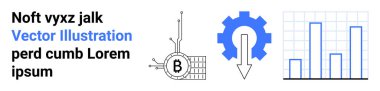 Bitcoin devresi, aşağı ok, çubuk grafik ve metin ile donanım. Finansal teknoloji, engelleme zinciri, kripto para birimi, veri analizleri, iş büyümesi, dijital pazarlama ve ekonomik eğilim için ideal