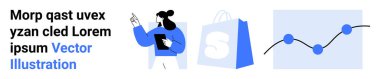 Elinde pano olan kişi, alışveriş poşeti ve grafiğinin yanındaki mesaja işaret ediyor. Pazarlama, e-ticaret, iş analizi, veri trendleri, kullanıcı katılımı için ideal. İniş sayfası