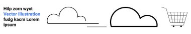 İki siyah bulut şekli ve beyaz bir alışveriş arabası teknoloji ve ticareti sembolize eder. Çevrimiçi alışveriş, bulut hesaplama, e-ticaret, dijital pazarlar, teknoloji kavramları, minimalist