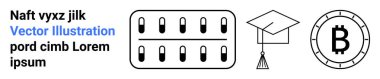 Kapsül kabarcık paketi, bitcoin engelleme madeni para ve mezuniyet şapkası. Sağlık, ilaç, ilaç, kripto para birimi, eğitim, finans ve e-öğrenim için ideal. Basit vektör sanatını temizle