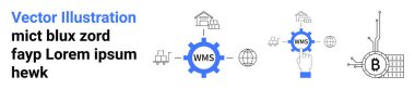 WMS, küresel ikonlar, el tutma teçhizatı, engelleme sembolü, ev, depo lojistik için ideal depo, depo yönetimi, otomasyon, küresel tedarik zinciri, blok zinciri entegrasyonu, e-ticaret