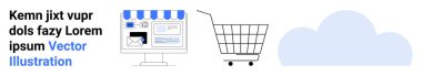 Çevrimiçi mağaza önü, alışveriş arabası ve e-ticaret ve bulut teknolojisi entegrasyonunu açıkça gösteren bulut simgesine sahip bilgisayar. Çevrimiçi alışveriş, bulut hizmetleri, dijital pazarlama, İnternet için ideal