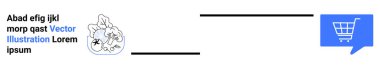 İçinde çiçek desenleri olan bir metin, içinde alışveriş arabası ikonu olan mavi bir konuşma balonuna rehberlik eden siyah çizgiler. E-ticaret, çevrimiçi alışveriş, perakende, navigasyon, kullanıcı arayüzü, dijital pazarlama için ideal