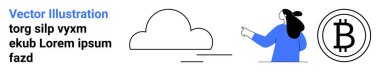 Bulut grafiği, sağa doğru hareket eden kişi ve bulutları, insan eylemlerini ve kripto para birimini temsil eden Bitcoin ikonu. Teknoloji, finans, eğitim, sunumlar, pazarlama için ideal