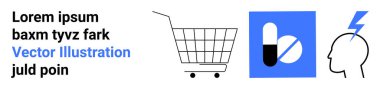 Alışveriş, sağlık ve iş, teknoloji ve eğitim bağlamlarındaki yenilikleri birleştirmek için idealdir. Bir alışveriş arabası, haplar ve yıldırımlı bir kafa. İniş sayfası için pankart