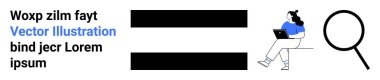 Dizüstü bilgisayarı olan bir kadın, model metin örneği, iki yatay çubuk ve büyüteç. Eğitim için ideal, arama araçları, teknoloji, araştırma, öğrenme, dijital içerik. İniş sayfası