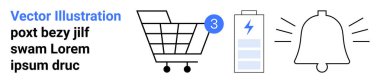 Parça sayım göstergesi olan alışveriş arabası, güç simgesi olan batarya durumu ve uyarı zili. E-ticaret, mobil uygulamalar, bildirimler, pil yönetimi, UX tasarımı, web arayüzleri için ideal