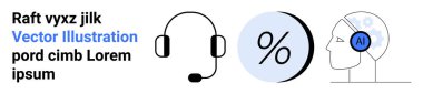 Kulaklık müşteri desteğini sembolize eder, yüzde işareti analitiği temsil eder, insan kafasındaki yapay zekayı temsil eder. Teknoloji blogları, iş siteleri, müşteri desteği ve yapay zeka için ideal.