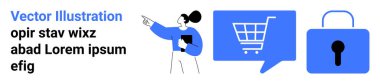 Tabletle işaret eden kişi, alışveriş arabalı mavi sohbet balonu, mavi asma kilit. E-ticaret, çevrimiçi alışveriş, dijital güvenlik, müşteri hizmetleri, iletişim, mobil işlemler, veri