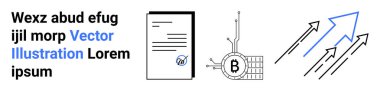 İş belgesi, devre kartında Bitcoin sembolü, yukarı doğru oklar. Kripto para birimi, engelleme zinciri, finansal büyüme, teknolojik gelişmeler, iş stratejisi, yatırım içgörüleri için ideal