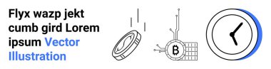 Hareket çizgileri olan kripto para, Bitcoin sembollü engelleme ağı ve analog saat. Finans uygulamaları, engelleme zinciri sunumları, kripto web siteleri, fintech reklamları, yatırım blogları, teknoloji