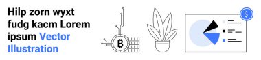 Metin bloğu ve üç simge Bitcoin devresi, saksı bitkisi ve dolar sembollü finansal grafik. Kripto para, finans, teknoloji, fintech, yatırım, doğa ve modern temalar için ideal