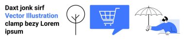 Ağaç simgesi, alışveriş arabalı konuşma balonu ve şemsiye tutan kişi. Modern tasarım, e-ticaret temaları, açık hava aktiviteleri, kullanıcı arayüzü, yağmurlu hava, vektör tasarımı, minimalist