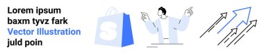 Bir alışveriş poşeti ikonu, yukarı bakan bir çizgi film figürü ve yukarı doğru hareket eden oklar. E-ticaret, iş büyümesi, perakende, çevrimiçi alışveriş ve pazarlama stratejileri için ideal. İniş sayfası