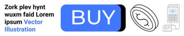 Mavi dikdörtgen şeklinde bir düğme al. Dolar sembollü ve POS makineli sikke. E-ticaret için ideal, dijital ödemeler, alışveriş, çevrimiçi işlemler, iş promosyonları, web sitesi tasarımı. İniş sayfası