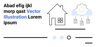 Ev grafikleri, belgeli ekipmanlar, metin satırları, daireler. Gayrimenkul, teknoloji, dijital hizmetler, veri yönetimi, web tasarımı, pazarlama, analitik iniş sayfası için ideal