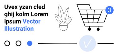 3 numaralı alışveriş arabası, saksı bitkisi, yuvarlak işaret, daireler, çizgiler ve yer tutucu metni. Çevrimiçi alışveriş için ideal, minimal tasarımlar, e-ticaret uygulamaları, arayüzler, müşteri yolculuğu