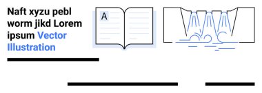 A 'nın mavi, akan şelalenin açık kitabı, yer tutucu metin. Eğitim, edebiyat, doğa, tasarım, sunumlar, yayıncılık, pazarlama iniş sayfası için ideal