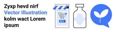 Mobil uygulamalı alışveriş arabası, satın alma düğmesi, ilaç şişesi, mavi konuşma balonunda filizlenen bitki. E-ticaret, sağlık, eczane, teknoloji, tıp, sürdürülebilirlik, yeşil uygulamalar için ideal