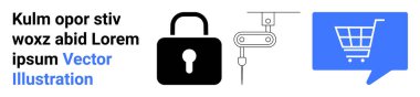 Kilit simgesi, robot kol ve mavi konuşma balonunda alışveriş arabası. E-ticaret, çevrimiçi güvenlik, otomasyon, çevrimiçi alışveriş, siber güvenlik, dijital işlemler, perakende yeniliği için ideal. İniş
